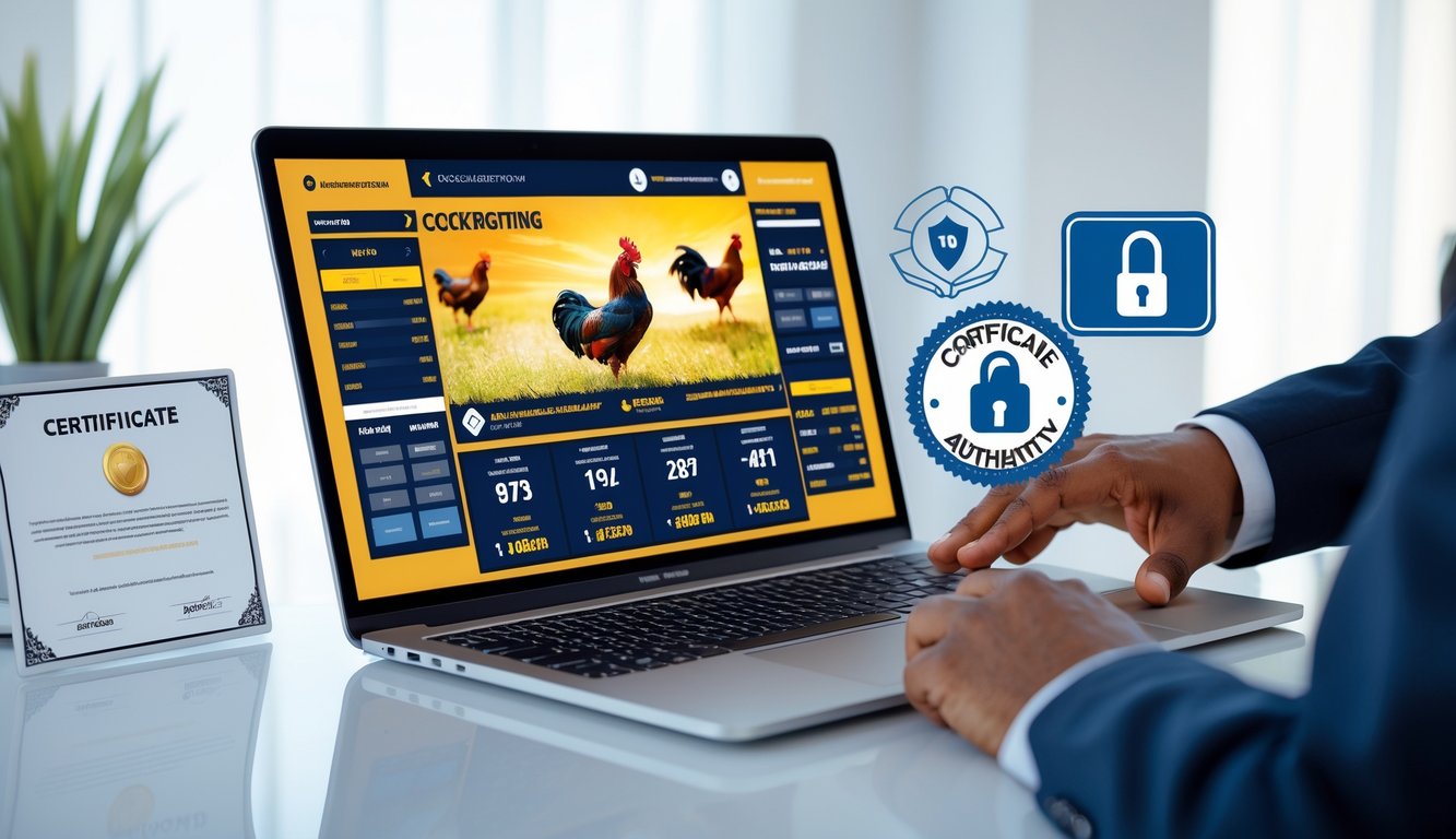 Seseorang menggunakan laptop dengan tampilan situs taruhan sabung ayam online resmi di meja kerja yang rapi.