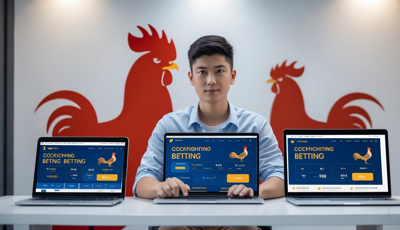 Seorang dewasa muda duduk di meja dengan laptop dan ponsel, fokus menggunakan platform taruhan sabung ayam online resmi.