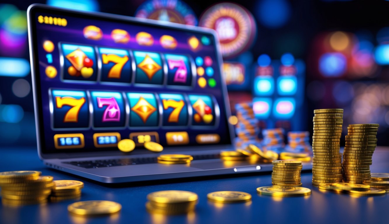 Antarmuka permainan slot online dengan gulungan berwarna-warni, tumpukan chip poker, dan koin emas di latar belakang layar perangkat digital.