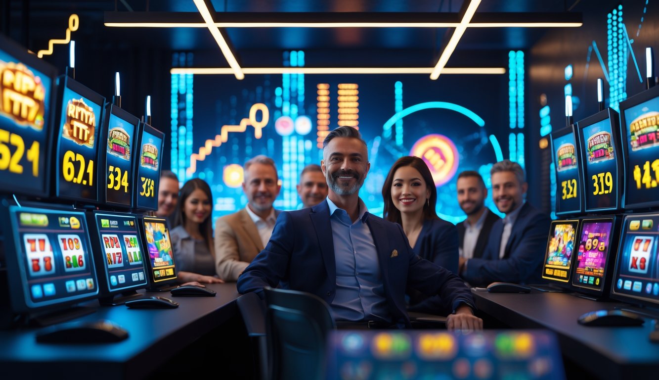 Orang-orang menggunakan komputer dengan tampilan mesin slot online dan grafik jackpot di layar.