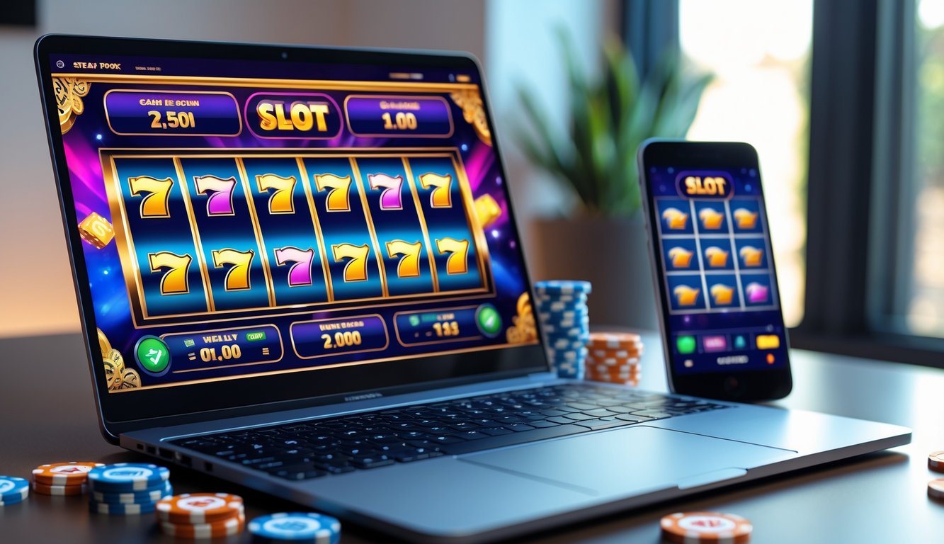 Sebuah meja kerja modern dengan komputer dan ponsel yang menampilkan permainan slot online, dikelilingi oleh chip kasino dan ikon mata uang digital.