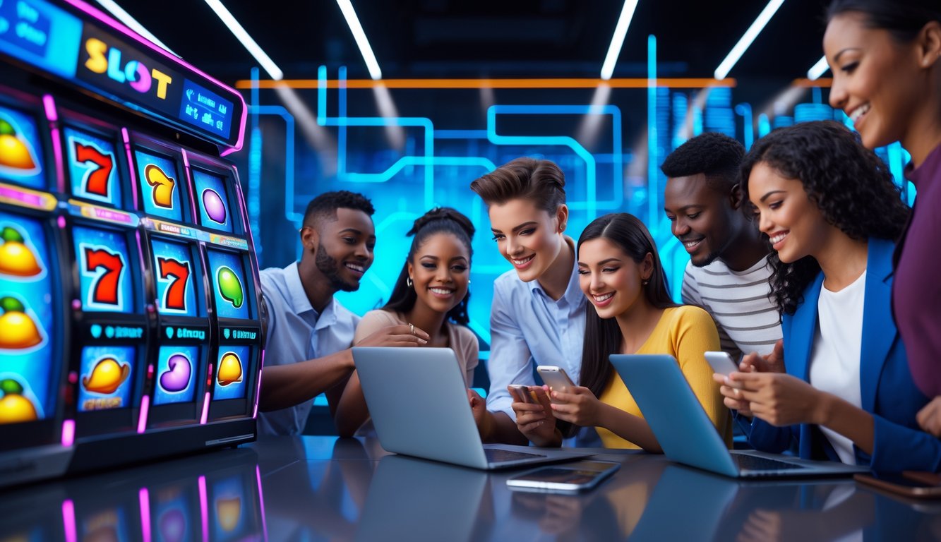 Sekelompok orang muda yang tersenyum sedang bermain permainan slot online di berbagai perangkat digital dengan latar belakang modern dan pencahayaan neon.