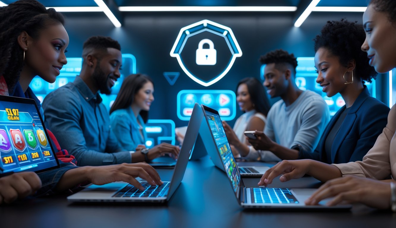 Sekelompok orang muda menggunakan perangkat digital di ruangan modern yang menampilkan permainan slot online dengan simbol keamanan dan suasana yang aman.