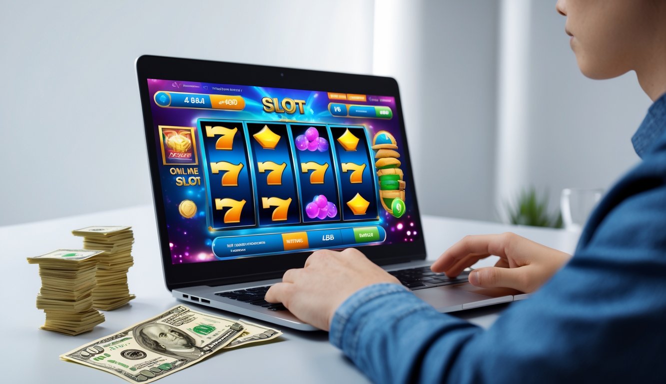 Seseorang sedang menggunakan komputer dengan permainan slot online yang berwarna-warni di layar, di meja terdapat uang kertas rupiah.