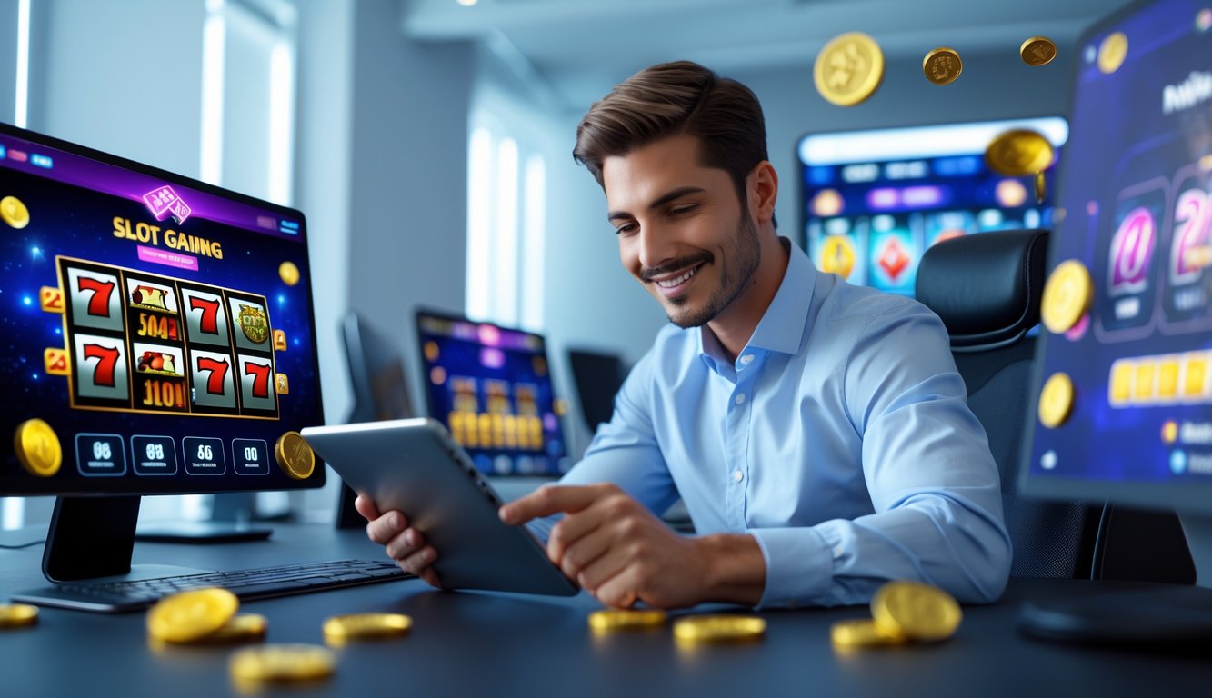 Seorang pria muda duduk di depan perangkat digital yang menampilkan permainan slot online di ruang kantor modern.