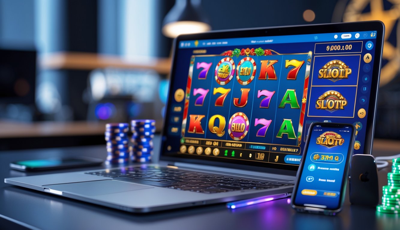 Sebuah meja kerja modern dengan laptop, ponsel, dan tablet yang menampilkan permainan mesin slot online berwarna-warni.