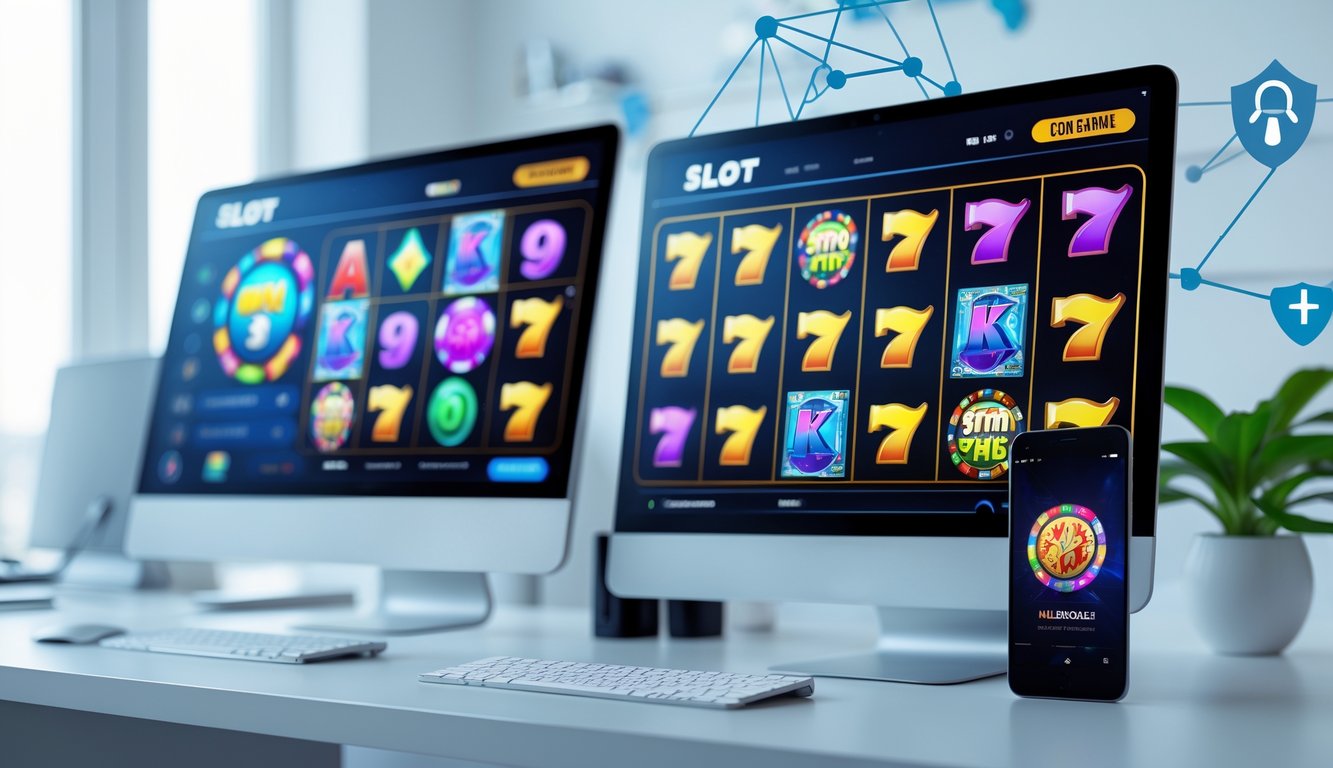 Suasana ruang kerja modern dengan komputer dan ponsel yang menampilkan permainan mesin slot online berwarna-warni.