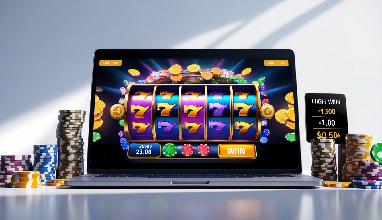 Seseorang menggunakan komputer dengan permainan slot online yang berwarna-warni di layar, dikelilingi oleh tumpukan chip kasino dan suasana kemenangan.