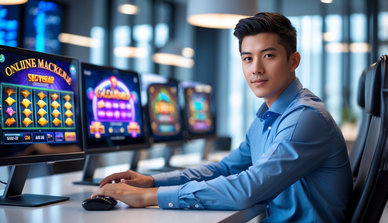 Seorang pria muda duduk di meja dengan beberapa layar komputer yang menampilkan permainan slot online, di ruang kantor modern yang terang dan rapi.