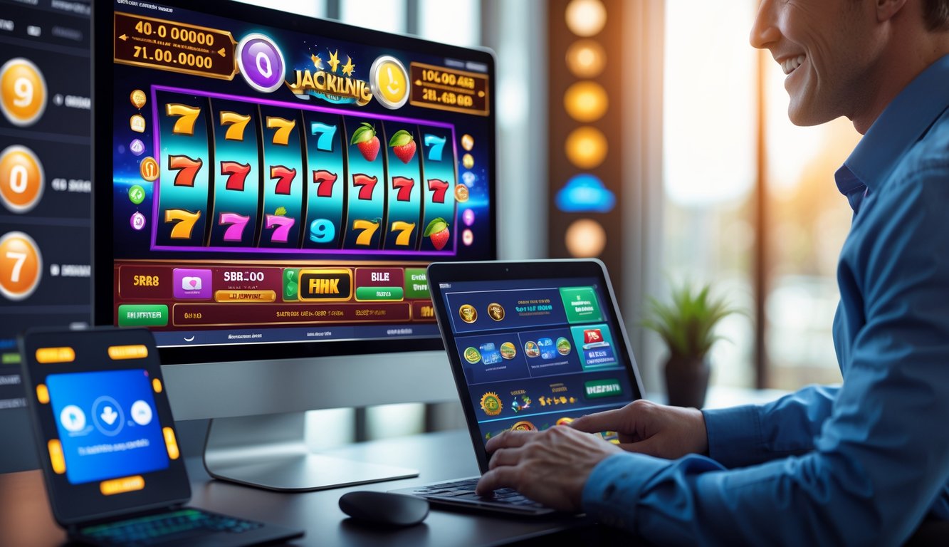 Seseorang menggunakan laptop dengan layar menampilkan permainan slot online berwarna-warni di meja kerja modern.