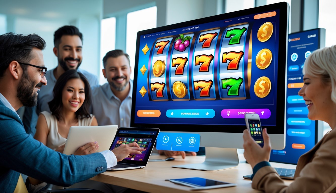 Orang-orang yang sedang bermain permainan slot online di perangkat digital dengan ekspresi senang dan suasana yang profesional.