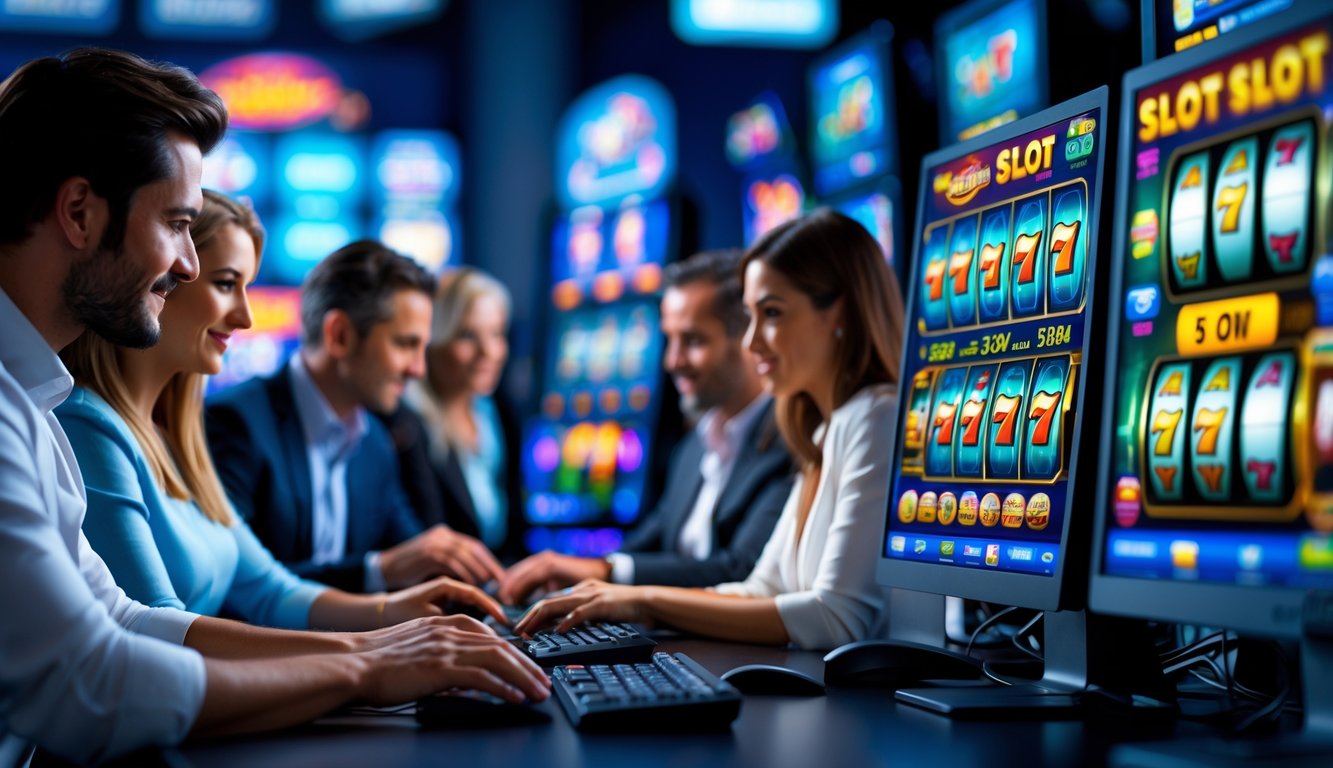 Orang-orang sedang bermain permainan slot online di komputer dengan tampilan layar penuh warna di sebuah ruang kerja modern.