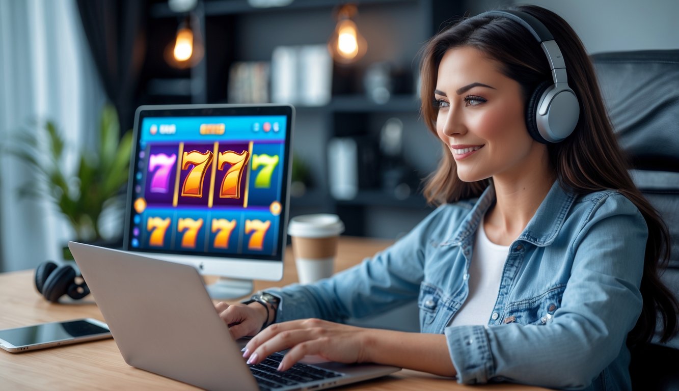 Seorang wanita muda duduk di meja kerja dengan laptop yang menampilkan permainan slot online, tampak fokus dan tersenyum di ruang kerja yang terang.