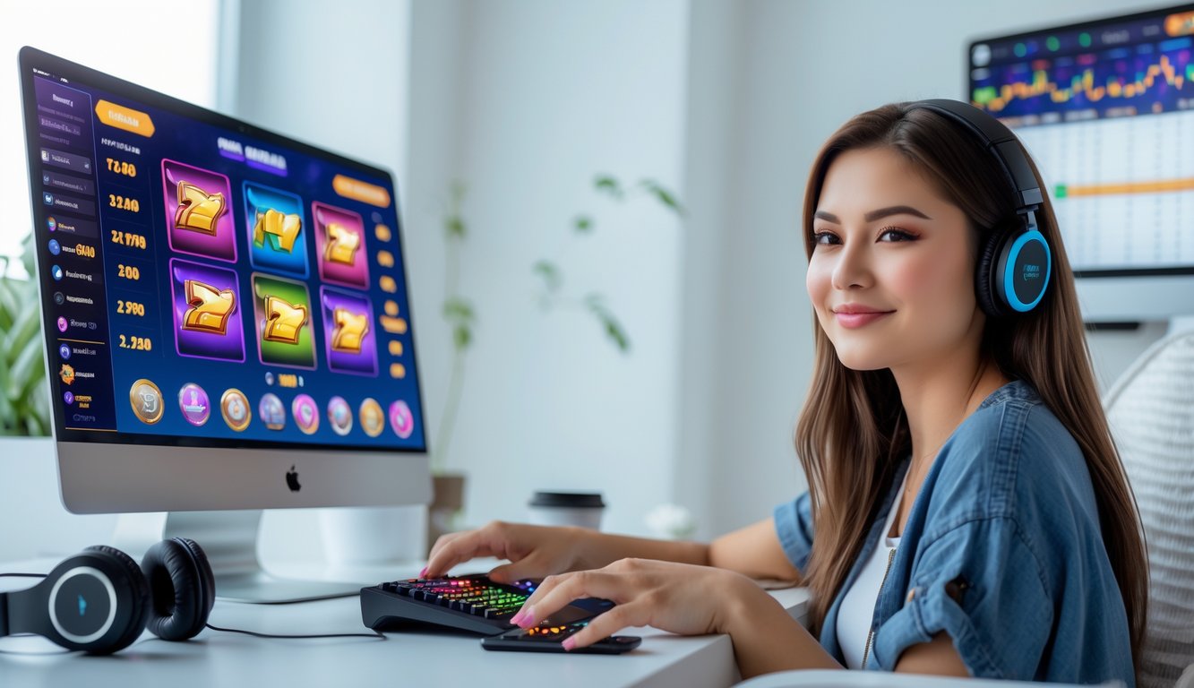 Seorang wanita muda duduk di depan laptop dengan tampilan permainan slot online, terlihat fokus dan percaya diri di ruang yang terang dan rapi.