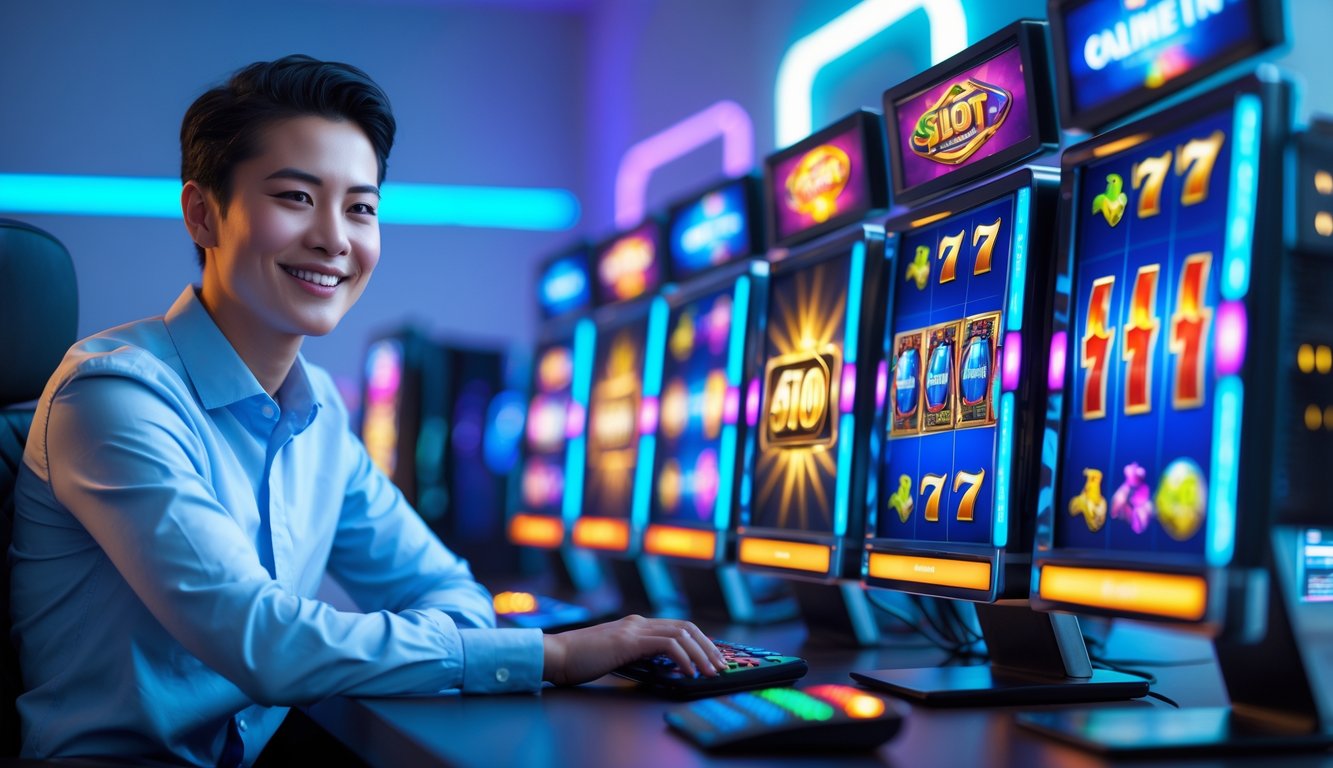 Seorang pria tersenyum menggunakan komputer dengan layar menampilkan permainan mesin slot berwarna-warni di ruangan dengan pencahayaan lembut dan aksen neon.
