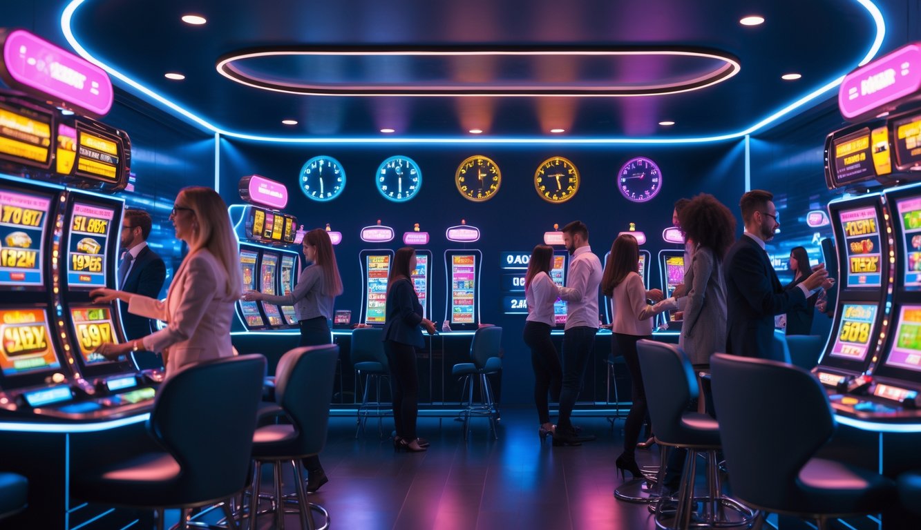 Orang-orang sedang menggunakan mesin slot online di ruangan modern dengan layar berwarna cerah dan suasana yang ramai.