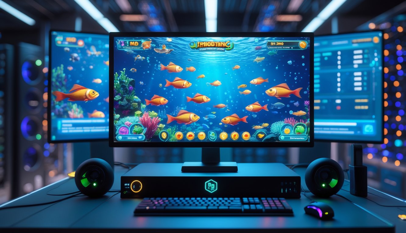 Layar komputer menampilkan permainan tembak ikan 2D dengan ikan berwarna-warni dan latar belakang ruangan server dengan peralatan jaringan yang menyala.