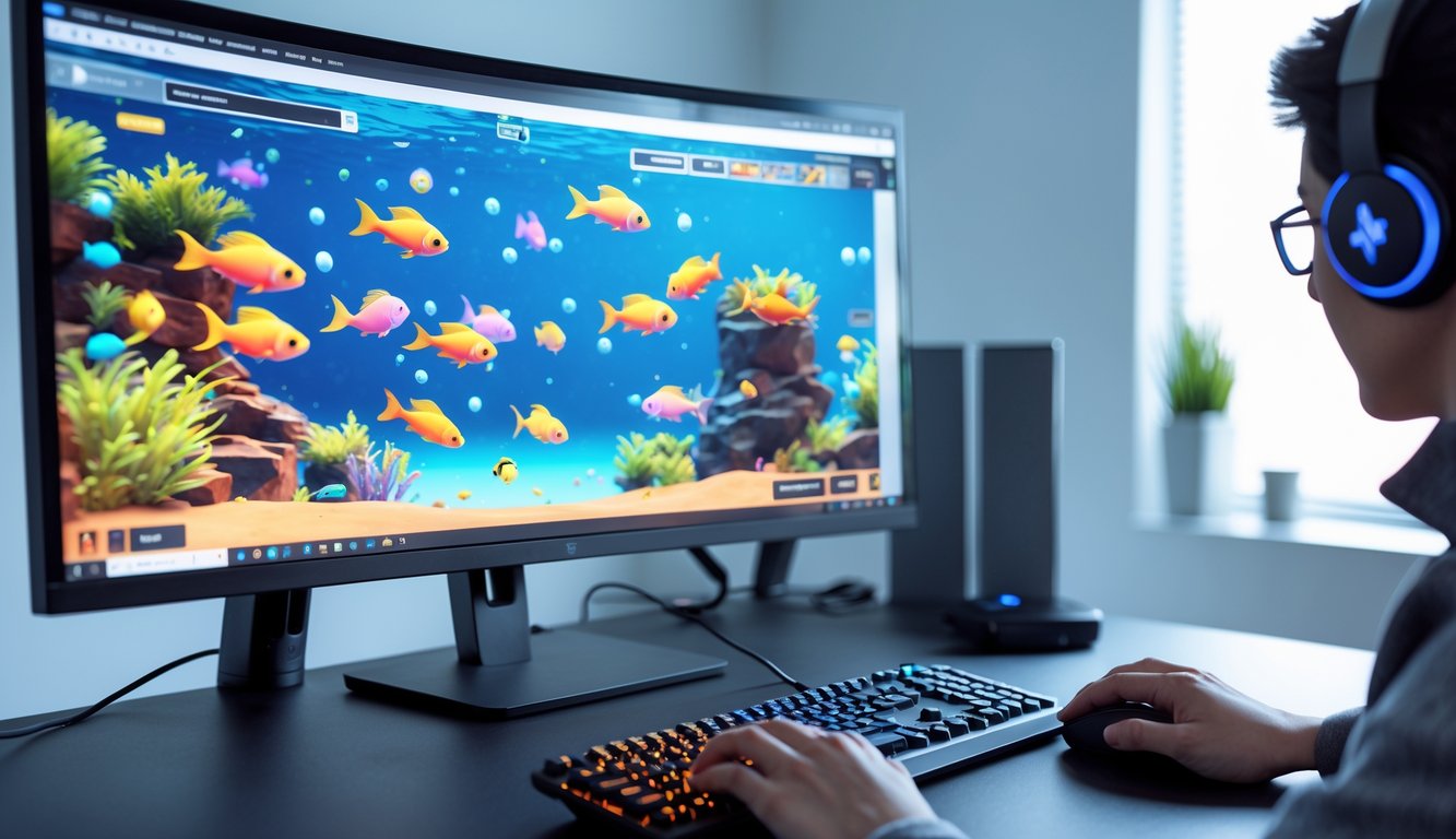 Seseorang bermain game tembak ikan 2D di komputer desktop dengan latar ruangan gaming yang rapi dan pencahayaan alami.