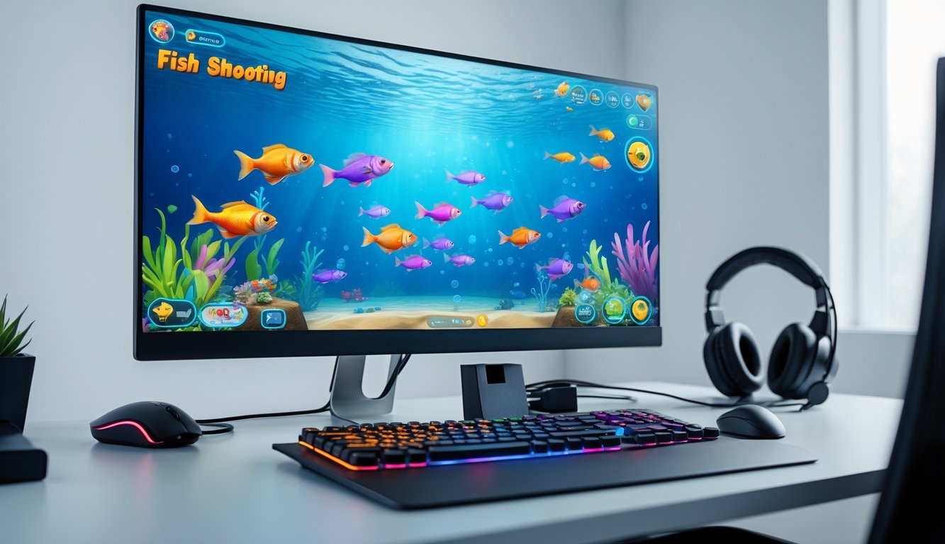 Sebuah meja kerja dengan komputer yang menampilkan permainan menembak ikan 2D online dengan latar belakang bawah laut berwarna-warni.
