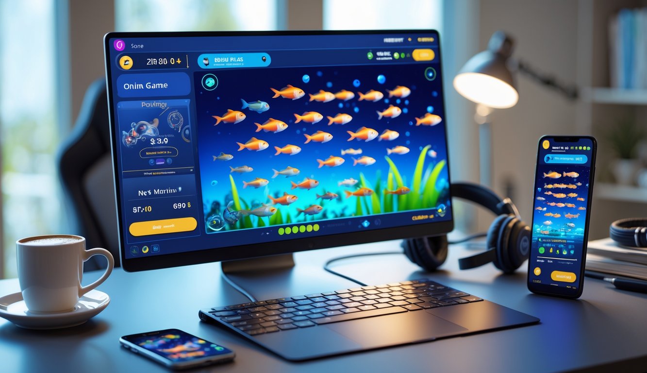 Seseorang bermain game tembak ikan 2D secara online di komputer dengan latar meja kerja yang rapi.