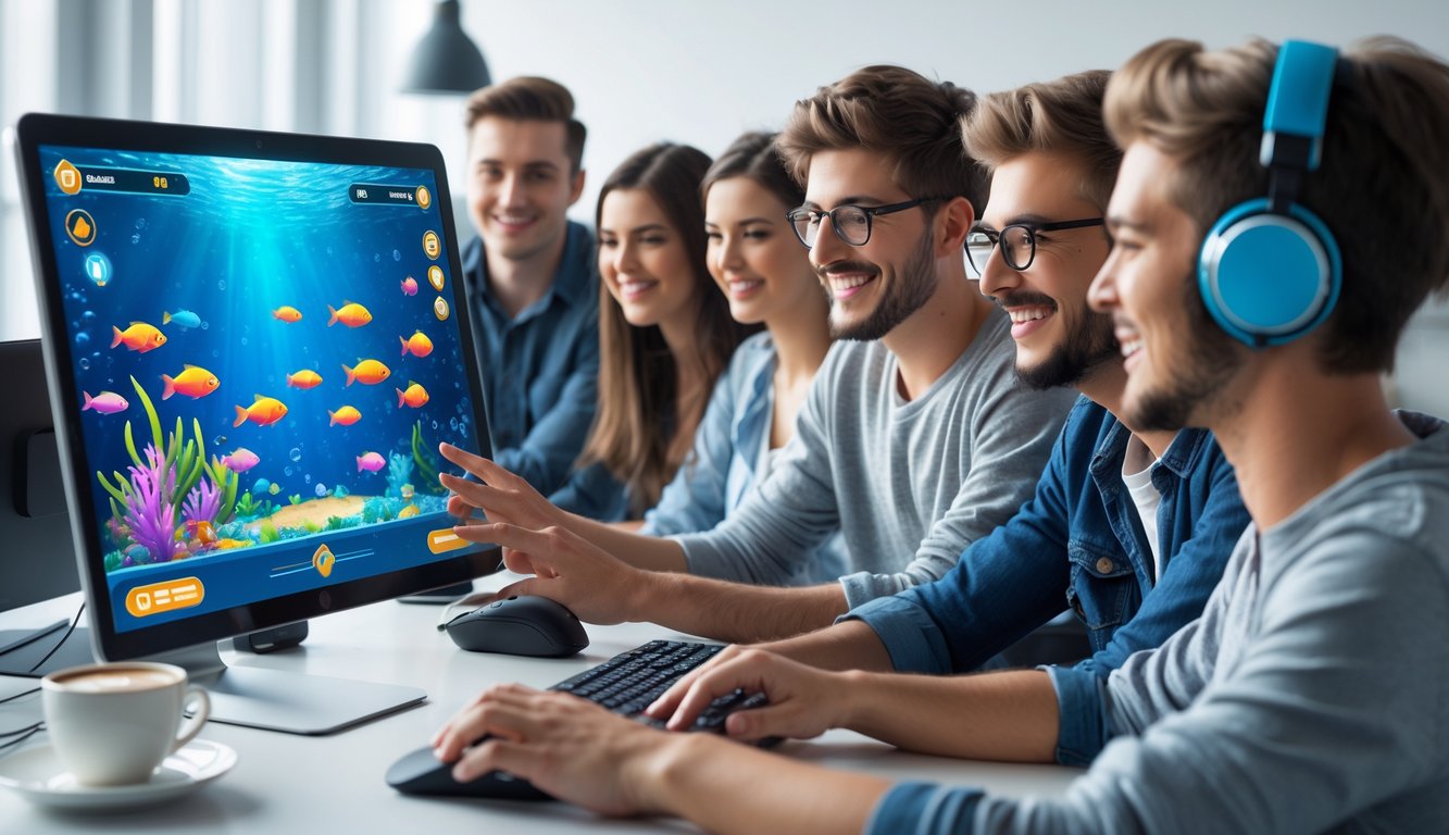 Beberapa orang muda sedang bermain game menembak ikan 2D secara online menggunakan komputer di ruangan yang terang dan rapi.