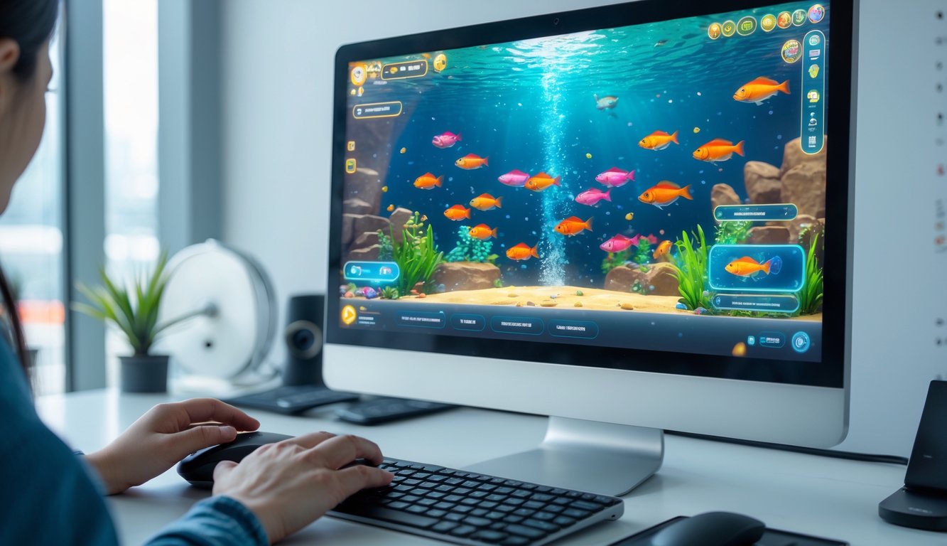 Seseorang sedang bermain game tembak ikan 2D online di komputer dengan layar menampilkan ikan berwarna-warni di bawah laut.