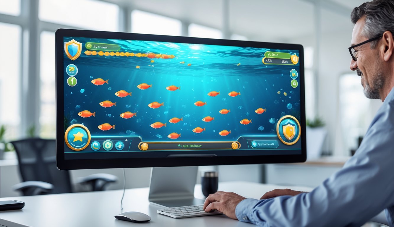 Seorang pemain dewasa sedang bermain game tembak ikan 2D online di komputer di sebuah kantor yang terang dan rapi.