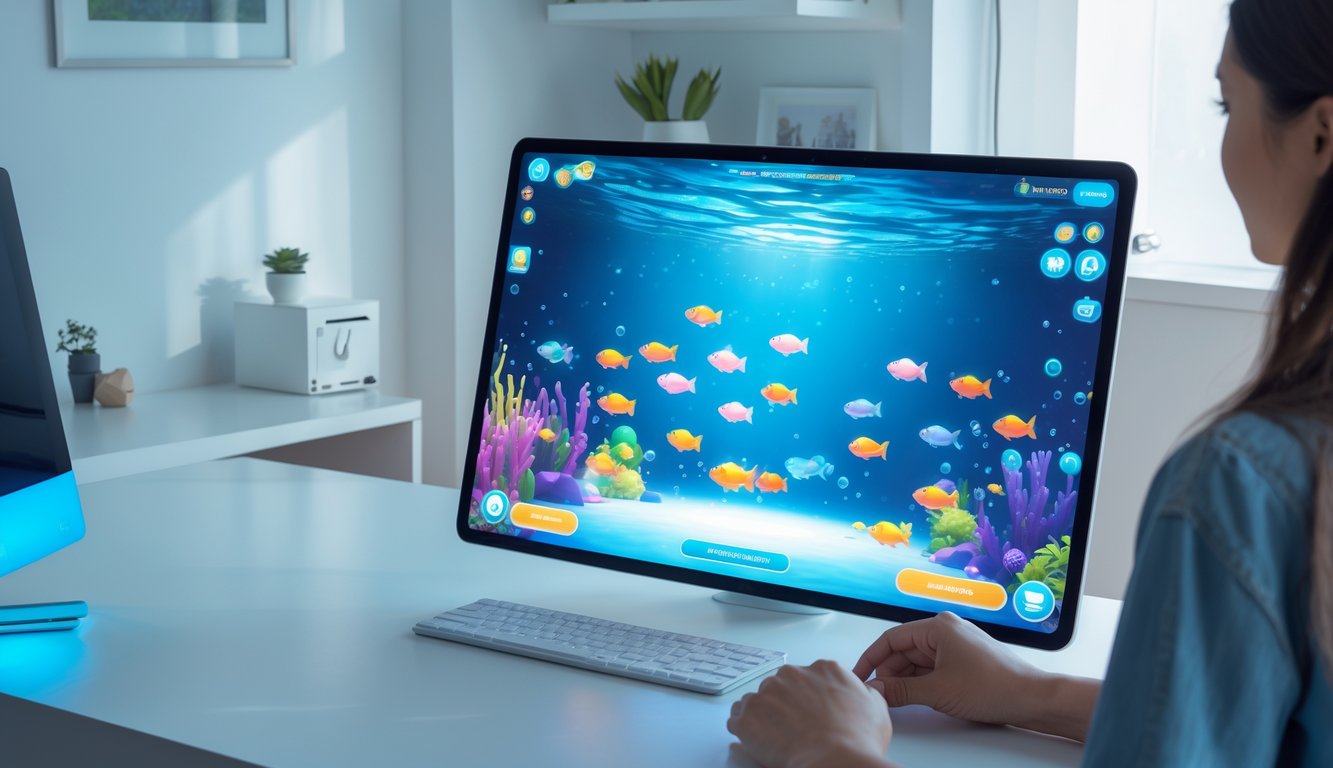 Seseorang sedang bermain game menembak ikan 2D di layar komputer dengan latar belakang bertema bawah laut.