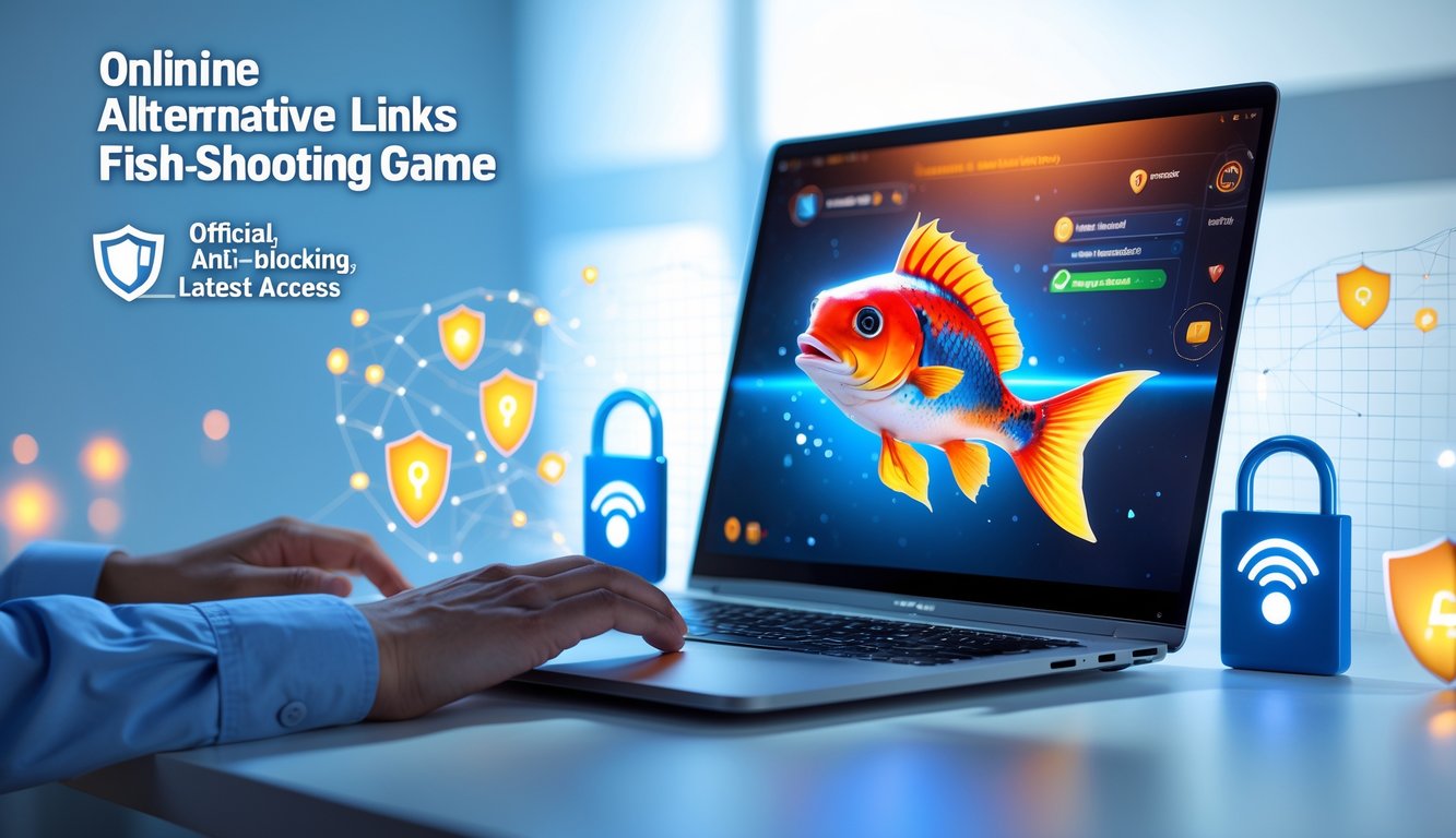 Seorang pengguna di depan komputer yang menampilkan permainan menembak ikan 2D dengan elemen visual koneksi internet dan keamanan.