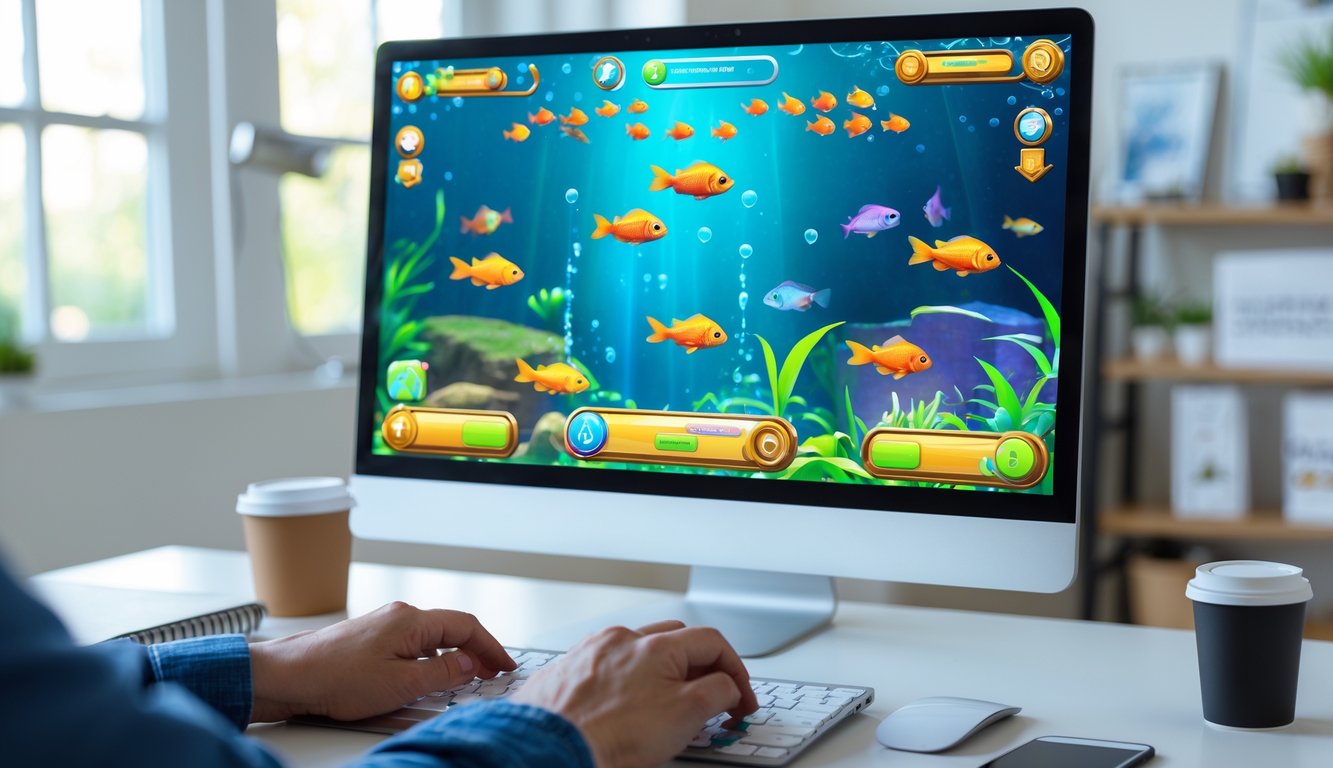 Seorang pengguna bermain permainan tembak ikan 2D online di layar komputer di ruang kerja rumah.