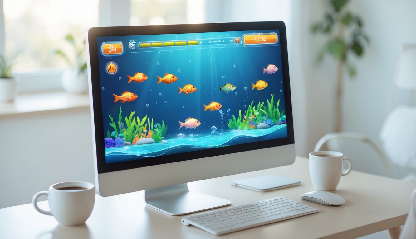 Tampilan layar komputer dengan permainan tembak ikan 2D online di meja kerja yang rapi dan terang.
