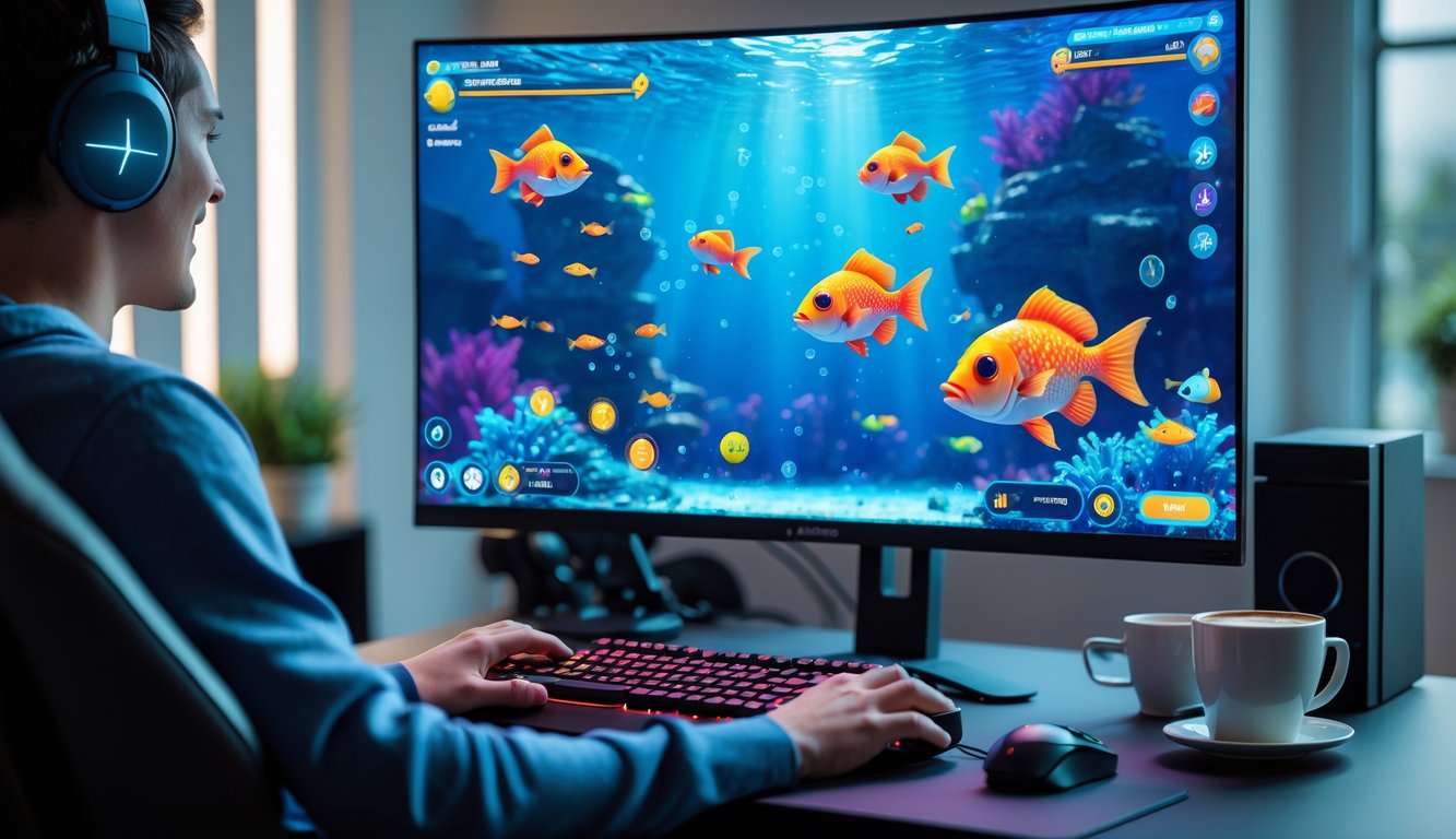 Seseorang sedang bermain game tembak ikan 2D di komputer di ruang gaming yang nyaman dengan pencahayaan hangat.