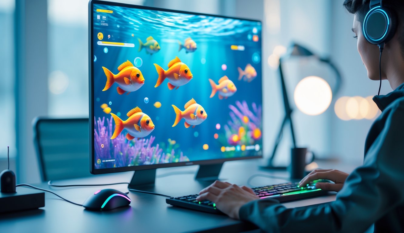 Seorang pemain sedang bermain game tembak ikan 2D di layar komputer dengan latar belakang meja kerja yang rapi.