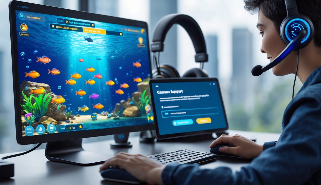 Seseorang sedang bermain game menembak ikan 2D di komputer dengan tampilan grafik bawah laut dan layanan dukungan pelanggan aktif di latar belakang.
