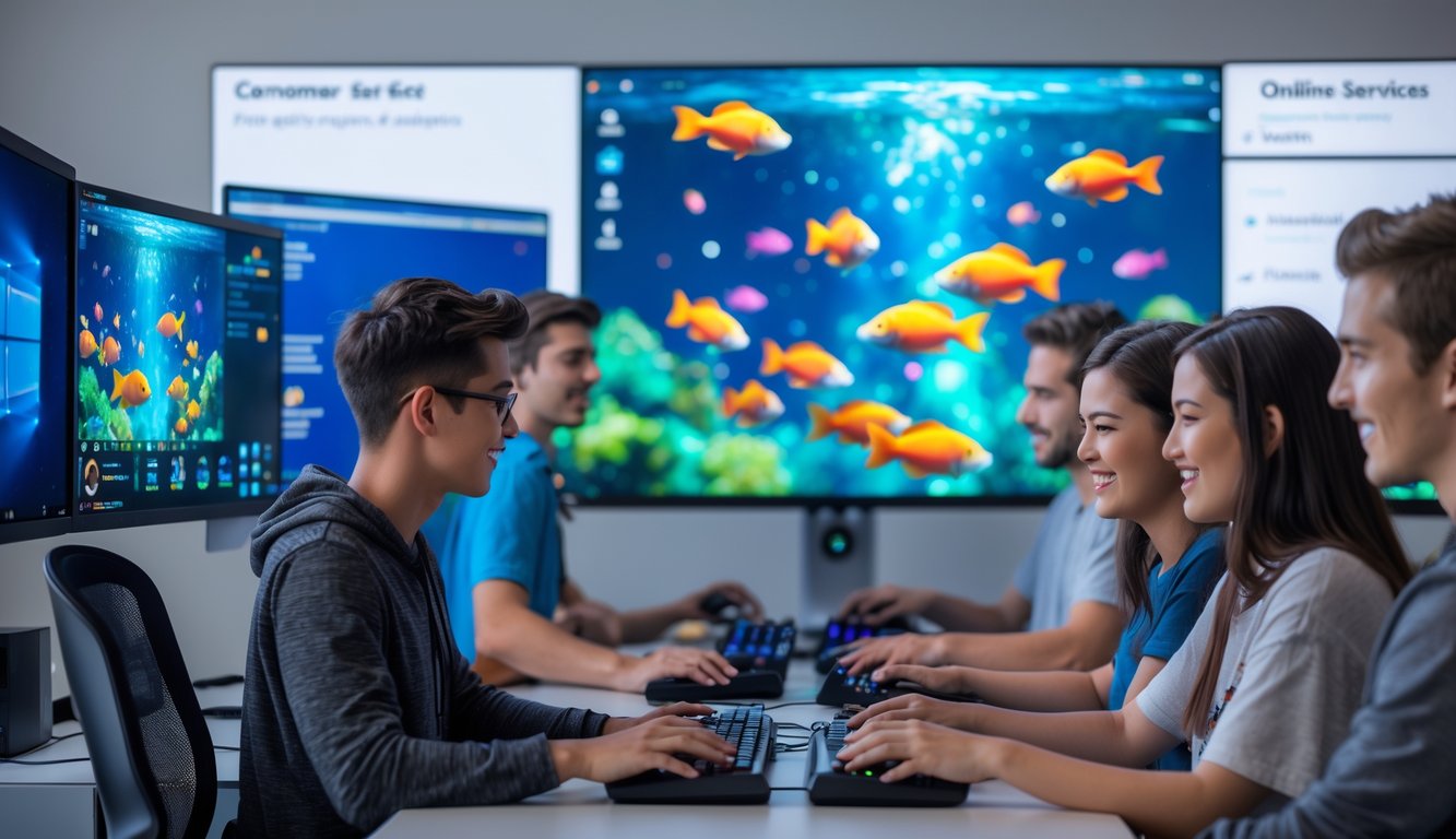 Orang-orang muda bermain permainan tembak ikan 2D di komputer dengan layar yang menampilkan ikan berwarna-warni dan elemen tembak-menembak, di ruangan kantor modern dengan suasana profesional.