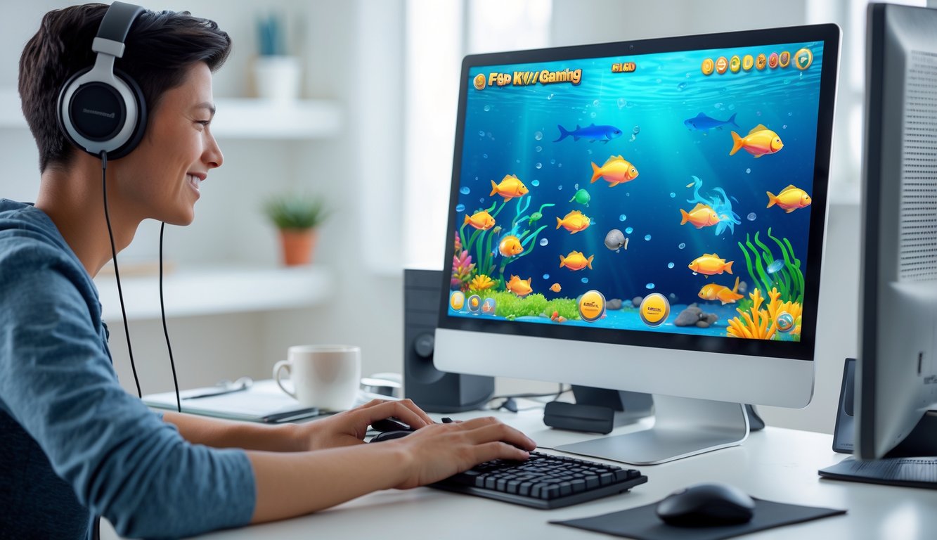 Seorang pemain pemula sedang bermain game tembak ikan 2D online di komputer di ruang kerja rumah yang rapi.