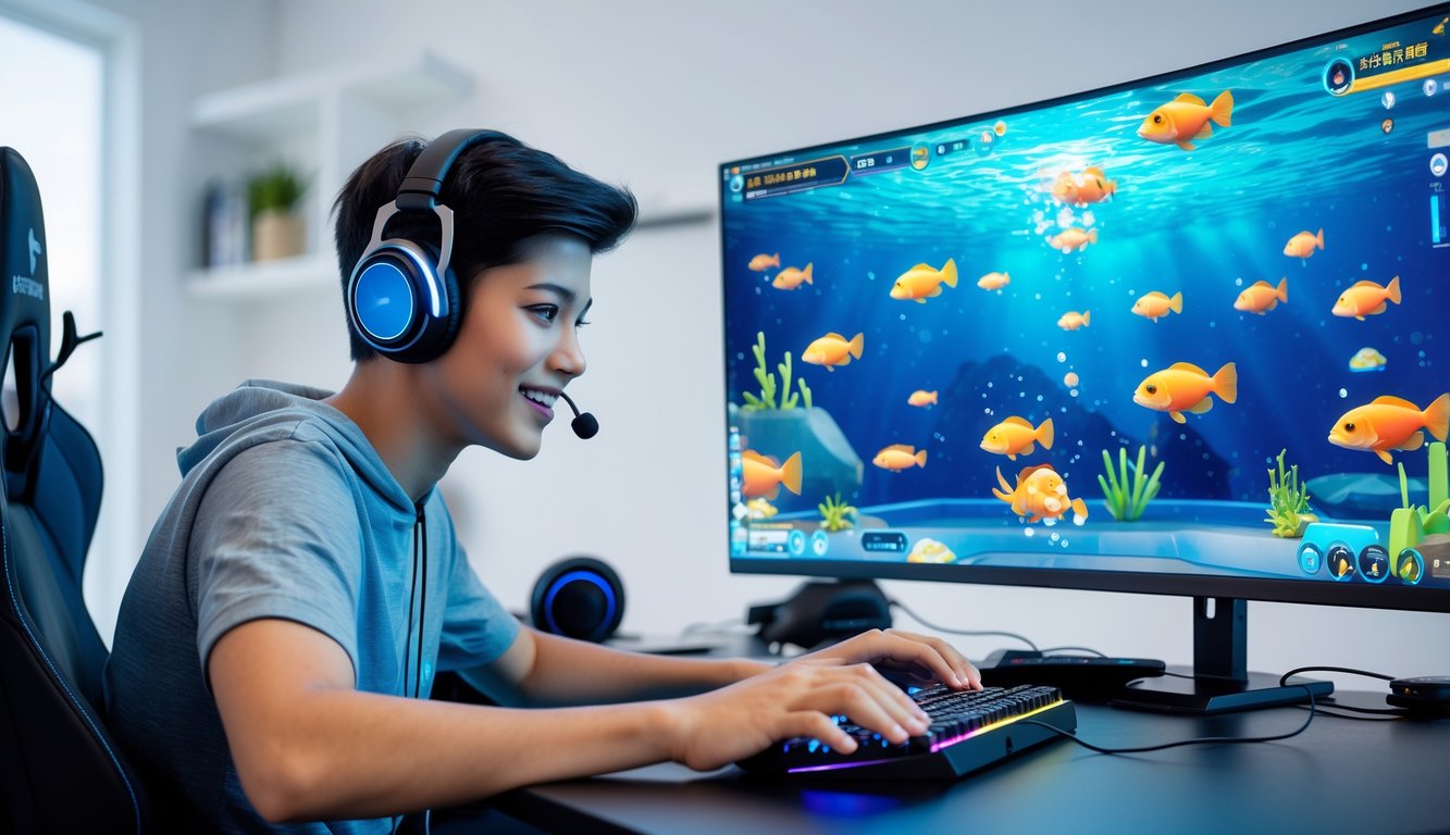 Seorang pemuda sedang bermain permainan tembak ikan 2D secara online di depan komputer di ruang kerja yang rapi dan terang.