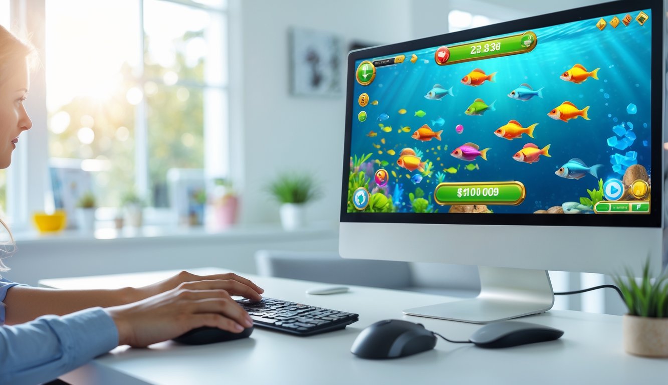 Seseorang sedang bermain game tembak ikan 2D online di komputer di ruang kerja dengan pencahayaan alami.