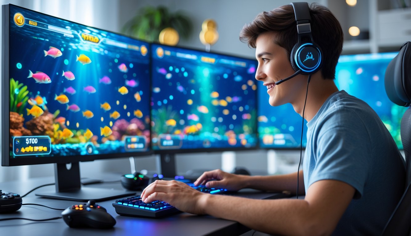 Seorang dewasa muda bermain permainan tembak ikan 2D di komputer dengan latar ruangan modern dan pencahayaan hangat.