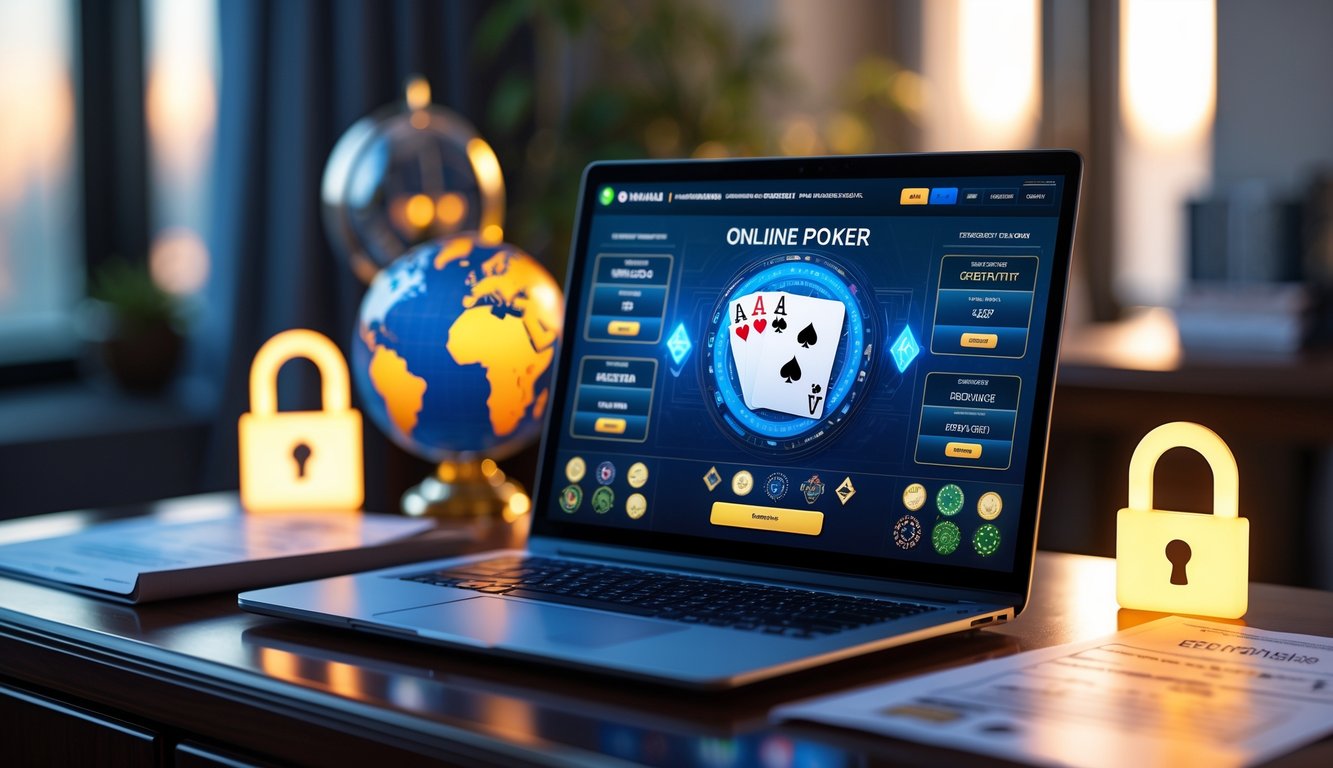 Sebuah laptop modern menampilkan permainan poker online dengan chip dan kartu digital, di atas meja kayu dengan ikon gembok dan dokumen resmi di sekitarnya.