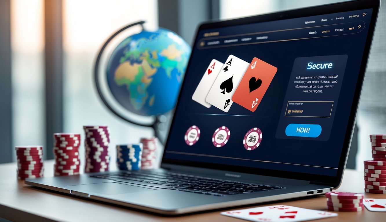 Seorang profesional sedang bermain poker online di komputer dengan tumpukan chip poker dan kartu, di latar belakang terdapat peta dunia yang menunjukkan lisensi internasional.