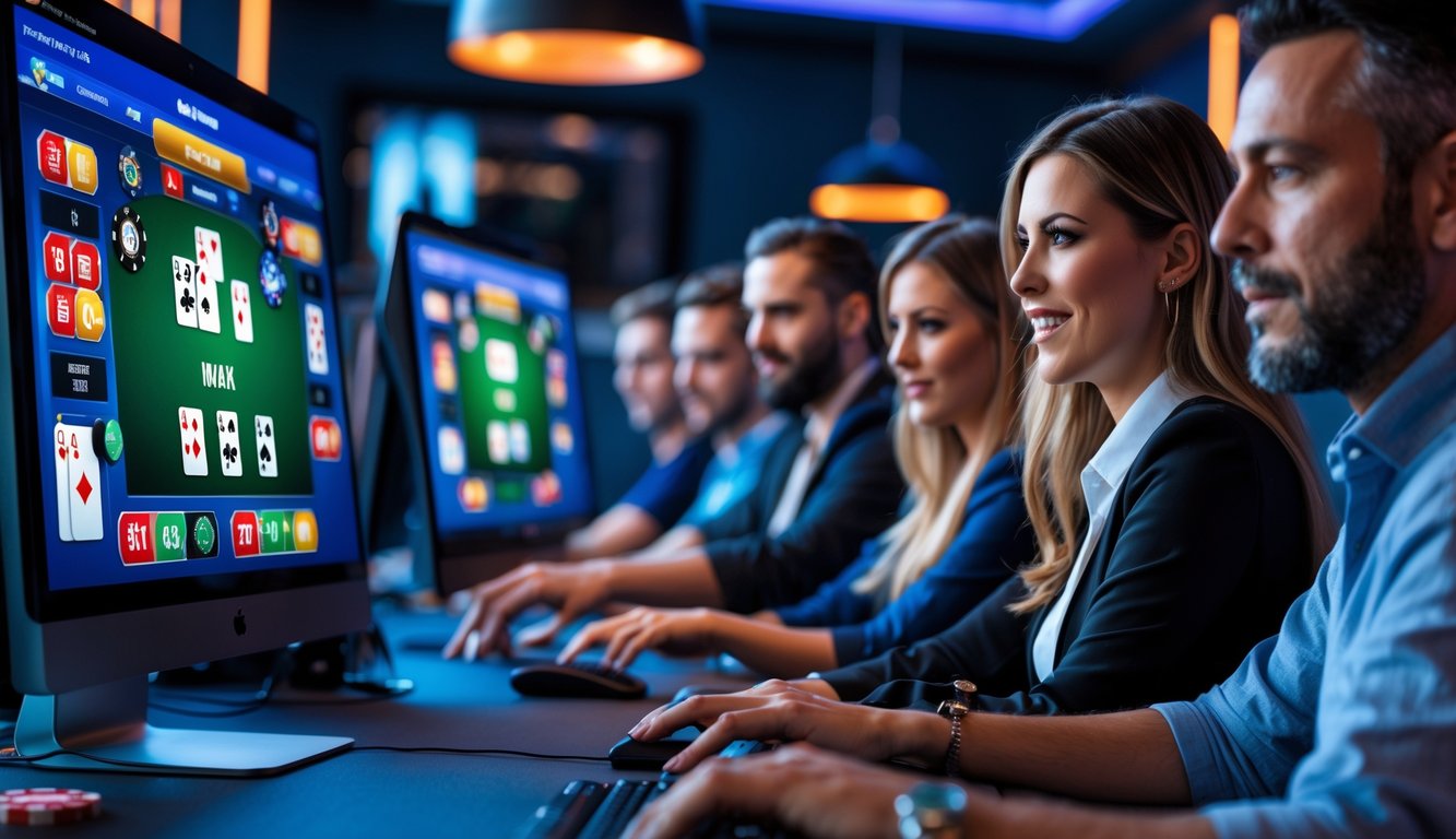 Orang-orang sedang bermain poker online dengan komputer dan chip poker di meja.