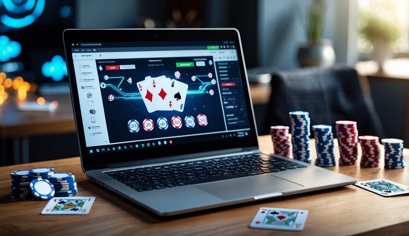 Meja kerja dengan laptop menampilkan permainan poker online, tumpukan chip poker, dan kartu remi, menunjukkan suasana permainan poker online resmi.