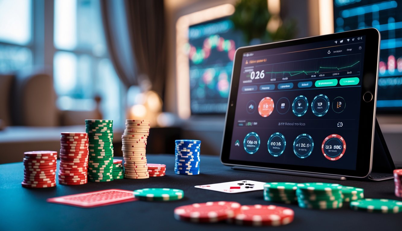 Meja poker modern dengan chip dan kartu tertata rapi di ruangan yang elegan dan berteknologi tinggi.