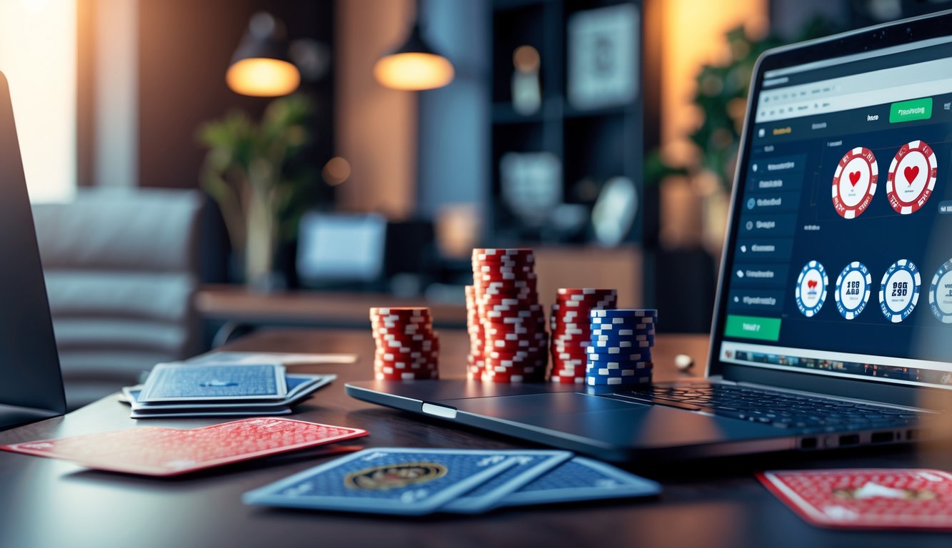 Meja permainan poker online dengan laptop, tumpukan chip poker, dan kartu bermain di ruangan kantor yang rapi.
