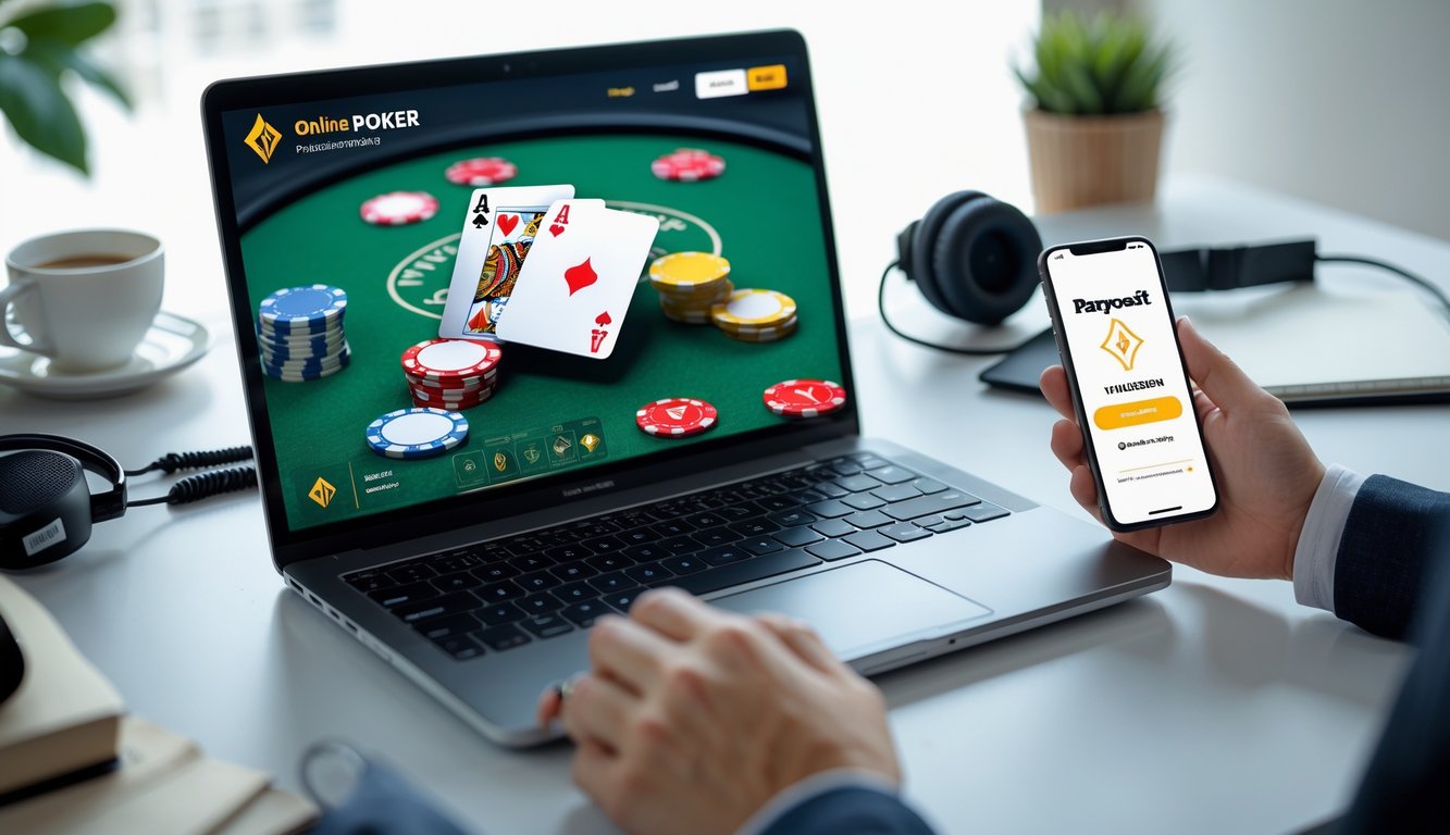 Sebuah laptop dan ponsel di meja dengan tampilan permainan poker online dan aplikasi pembayaran digital.