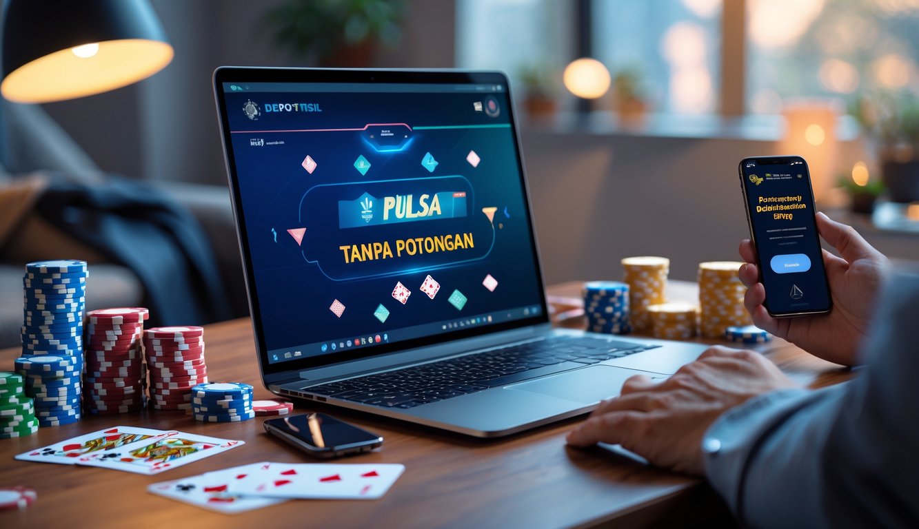 Sebuah meja kerja dengan laptop yang menampilkan permainan poker online, kartu remi dan chip poker di atas meja, serta ponsel yang menunjukkan layar pembayaran digital.