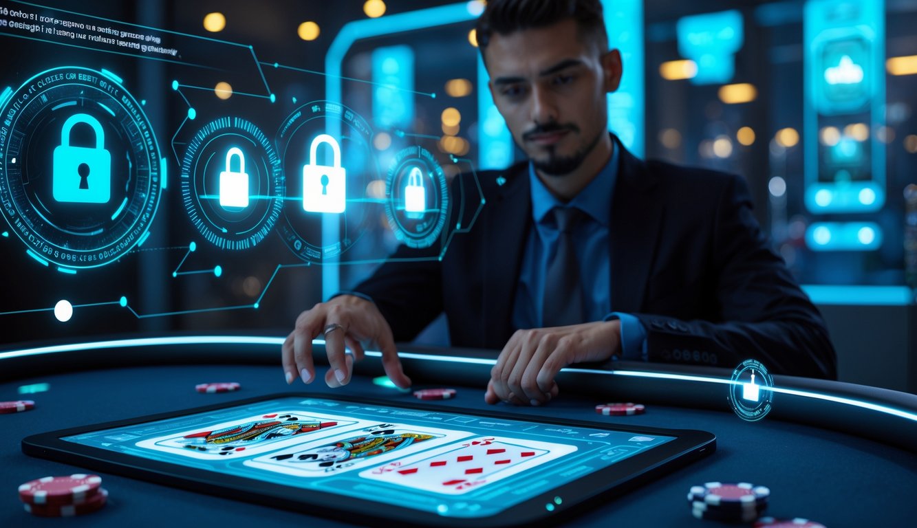 Seseorang menggunakan meja poker digital dengan ikon keamanan di latar belakang.