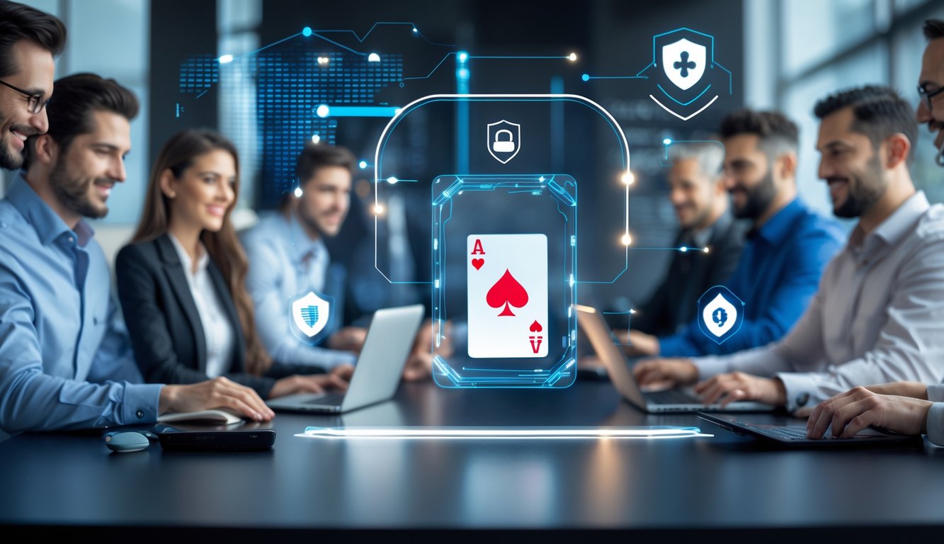 Orang-orang menggunakan perangkat digital di ruangan modern dengan tampilan kartu poker dan simbol keamanan digital.