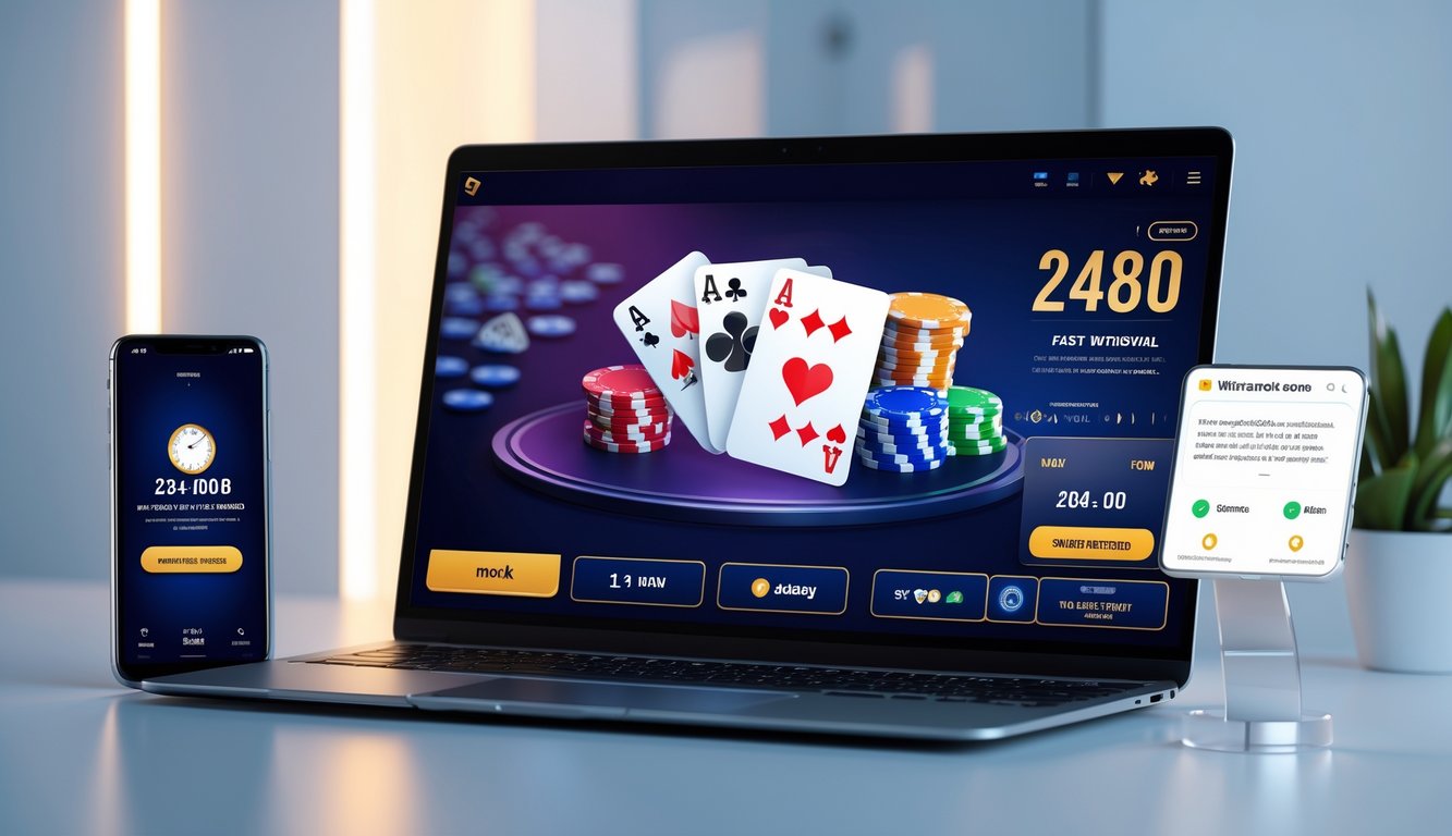 Meja kerja modern dengan laptop menampilkan permainan poker online dan ponsel yang menunjukkan konfirmasi penarikan cepat.